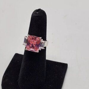 Women's Pink Emerald Cut w Baguettes CZ Ring Size 8 Sterling Silver 925